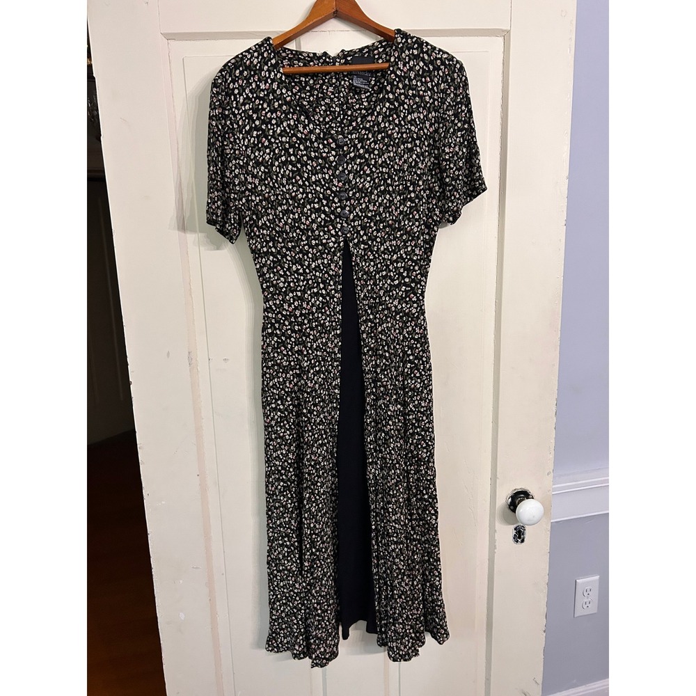 Brett Alixander Vintage 90s Floral Maxi Dress Black Rayon Crepe Button Front 7/8